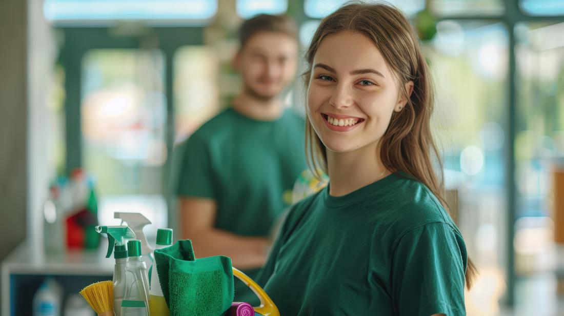 Evercoast cleaner smiling with a supply caddy